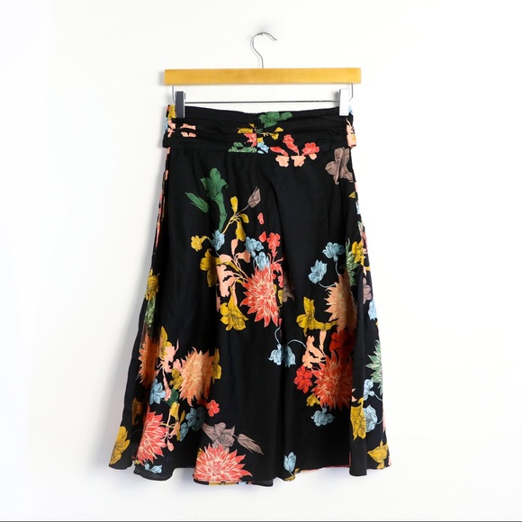 Zara high-waist knee length black floral skirt belt bow flare a-line boho print - Picture 4 of 9